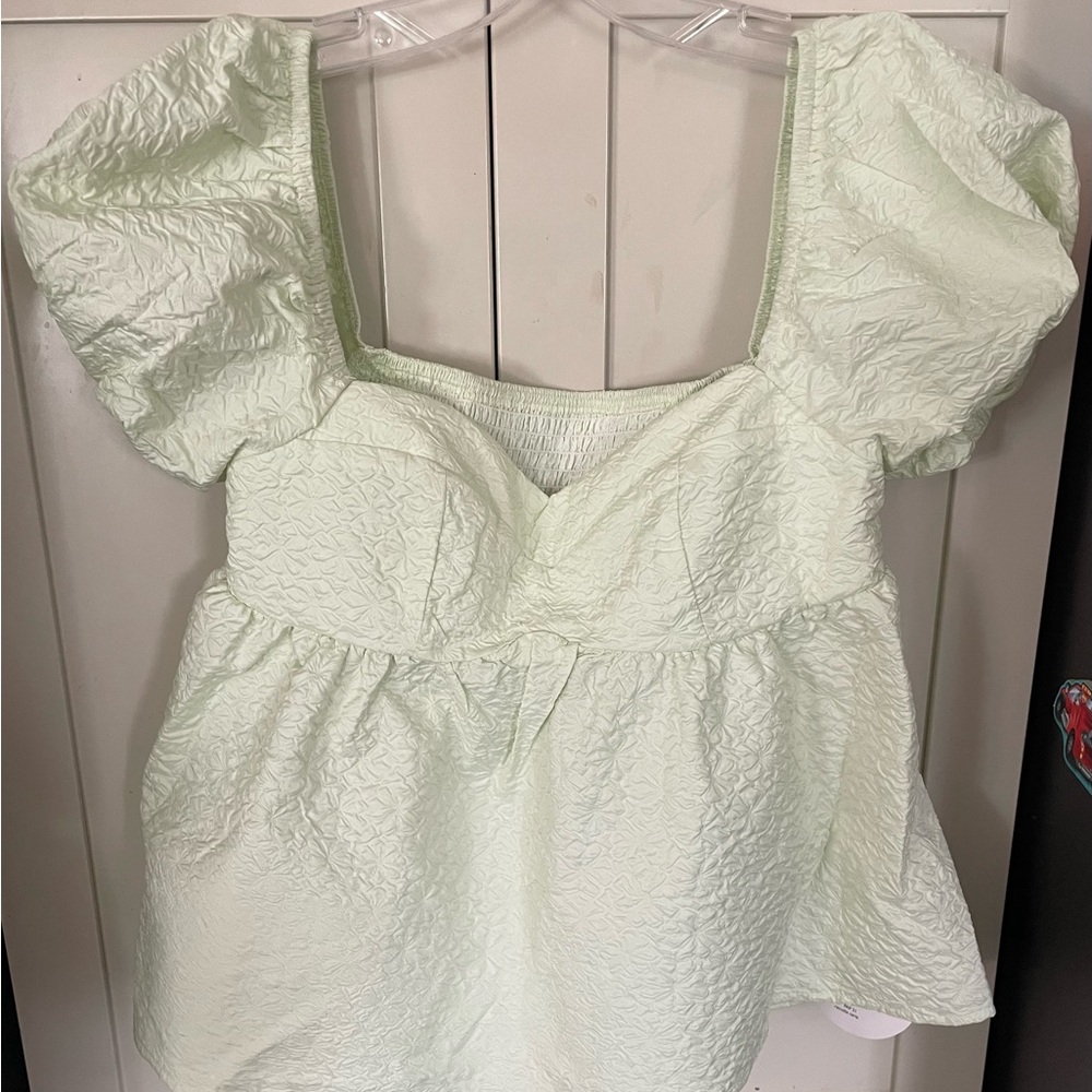SHEIN Light Green Textured Puff Sleeve Blouse